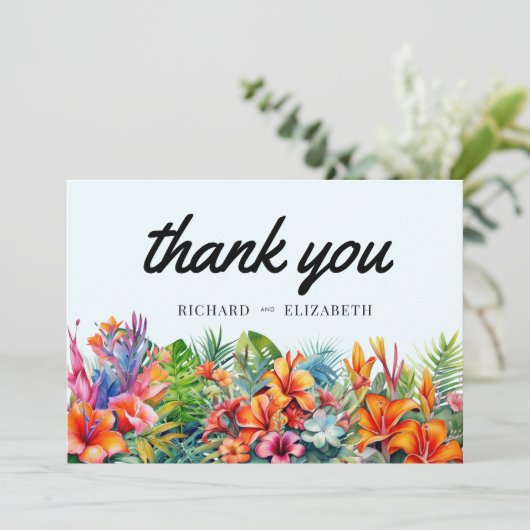 Tropische bladeren bloemenstrand bruiloft bedankkaart (Staand voorkant)