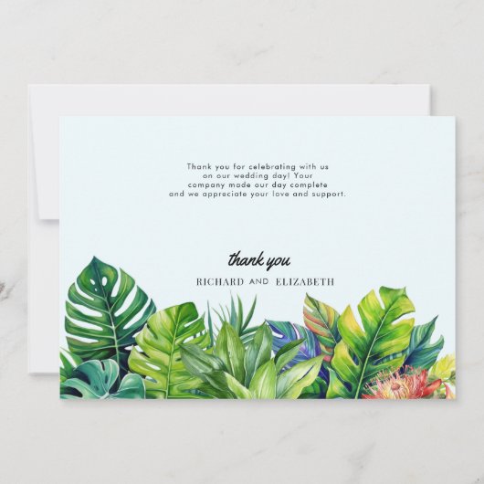 Tropische bladeren bloemenstrand bruiloft bedankkaart (Achterkant)