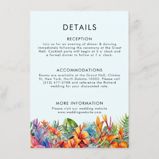Tropische bladeren bloemenstrand bruiloft bruiloft informatiekaartje (Voorkant)