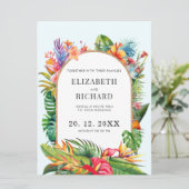 Tropische bladeren bloemenstrand bruiloft kaart (Staand voorkant)