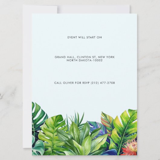 Tropische bladeren bloemenstrand bruiloft kaart (Achterkant)