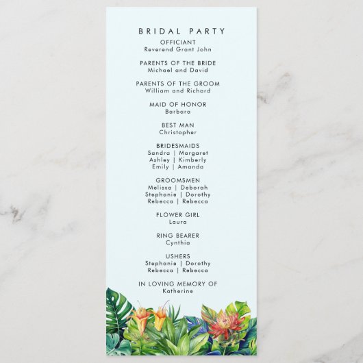Tropische bladeren bloemenstrand bruiloft programmakaart (Achterkant)