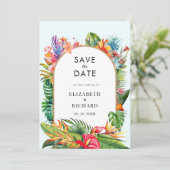 Tropische bladeren bloemenstrand bruiloft save the date (Staand voorkant)