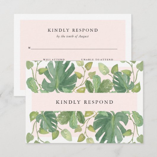 Tropische bladeren | Blush en Green RSVP Meal Choi (Voorkant / Achterkant)
