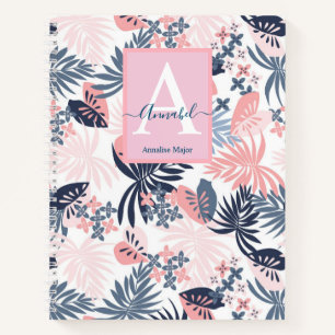 Tropische Bladeren Blush roze & marine Monogrammed Notitieboek