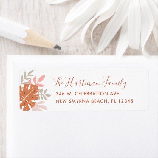 Tropische bladeren Boho Terracotta Oranje Blush Pi Etiket (Insitu)