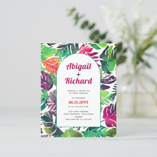 Tropische bladeren boog QR code bruiloft uitnodigi (Staand voorkant)