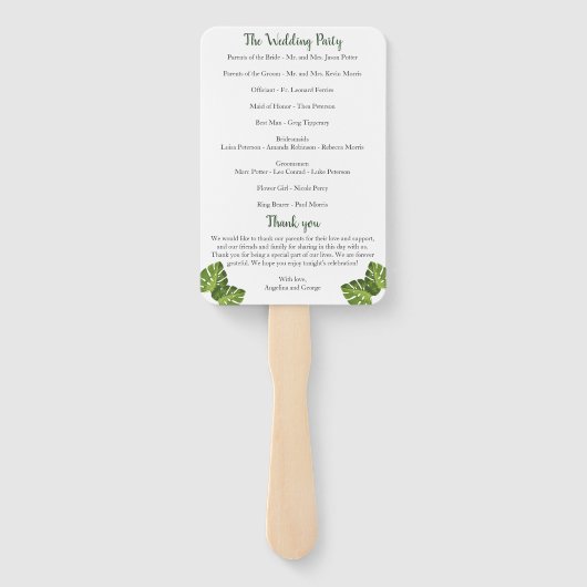 Tropische bladeren bruiloft programma fan handwaaier (Achterkant)