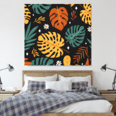 Tropische bladeren: donker naadloos. canvas afdruk (Insitu (Slaapkamer))