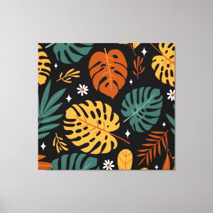 Tropische bladeren: donker  naadloos. canvas afdruk