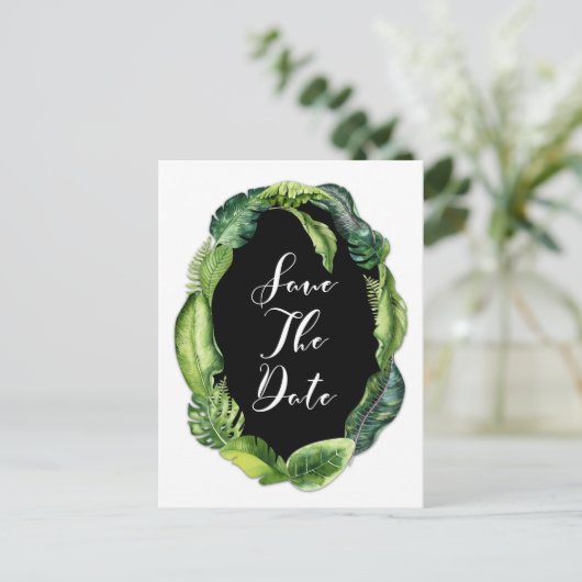 Tropische Bladeren Elegante Huwelijkskaart Save th Aankondigingskaart (Staand voorkant)