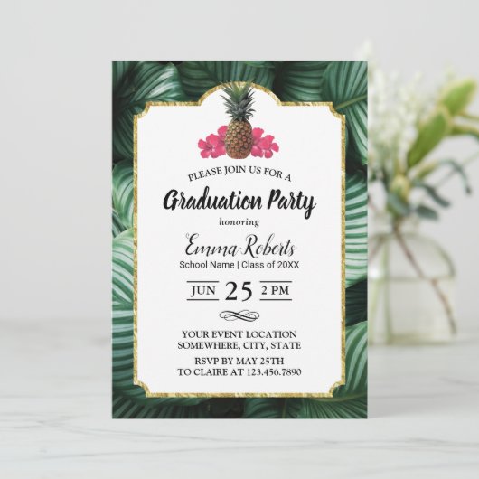 Tropische bladeren en ananas Luau-Afstuderen Kaart (Staand voorkant)