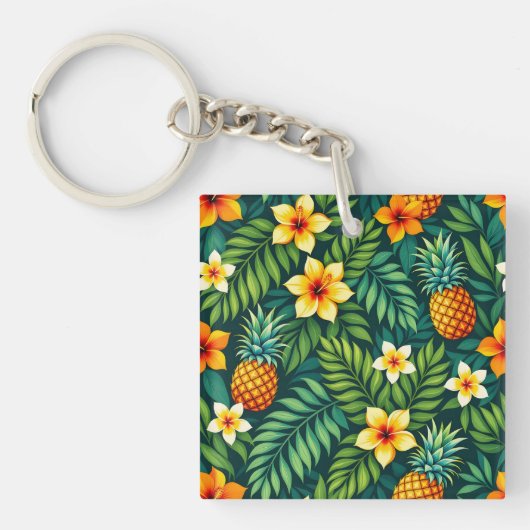 Tropische bladeren en ananaspatroon sleutelhanger (voorkant)