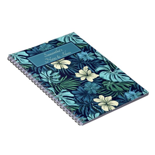 Tropische bladeren en bloemen blauw en wit notitieboek (Rechterzijde)