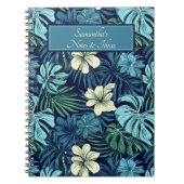 Tropische bladeren en bloemen blauw en wit notitieboek (Voorkant)