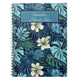 Tropische bladeren en bloemen blauw en wit notitieboek
