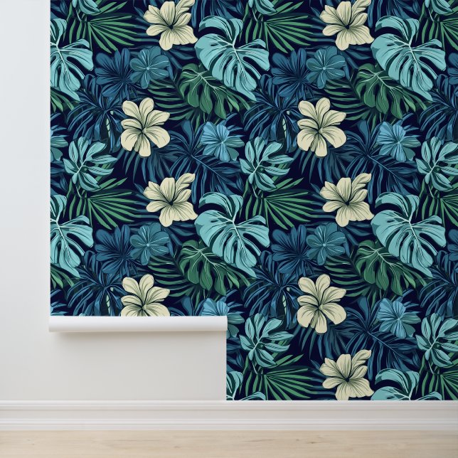 Tropische bladeren en bloemen blauw groen behang (Applicatie)