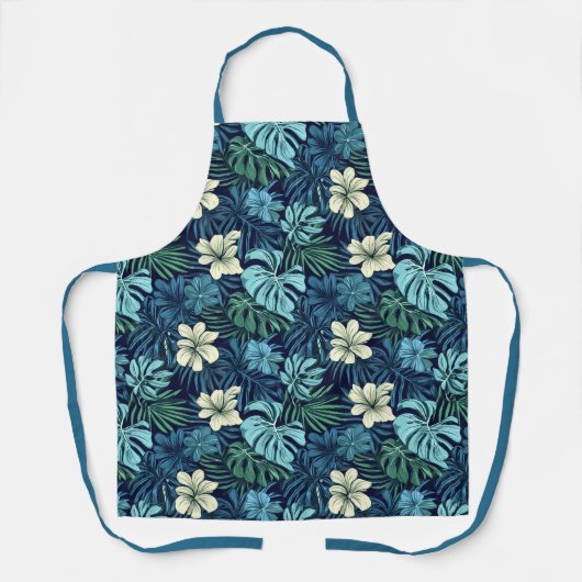 Tropische bladeren en bloemen blauw groen schort (Voorkant)