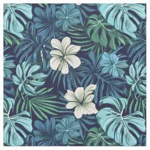 Tropische bladeren en bloemen blauw groen stof