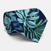Tropische bladeren en bloemen blauw groen stropdas (Opgerold)