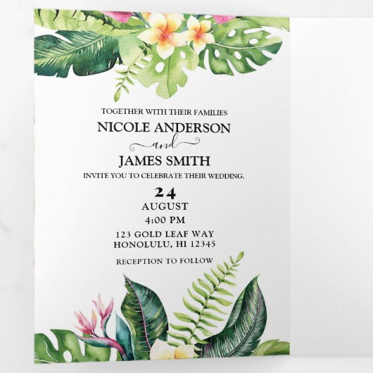 Tropische bladeren en bloemen eiland strand bruilo drieluik uitnodiging (Binnenzijde eerst)
