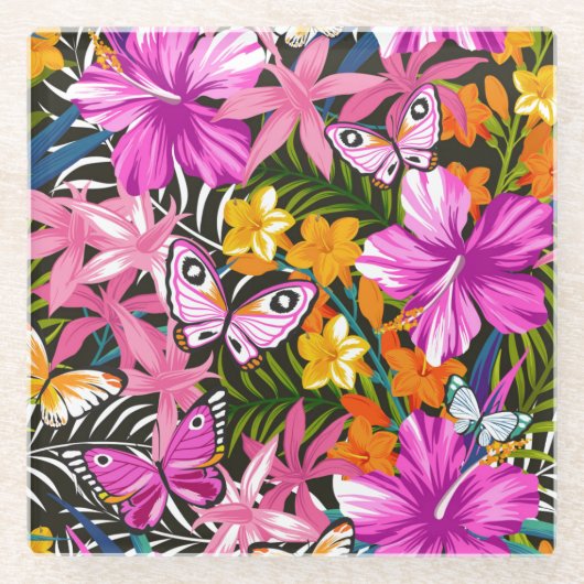 Tropische bladeren en bloemen glazen onderzetter (Voorkant)