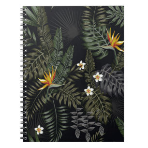 Tropische bladeren en bloemen in de nachtelijke st notitieboek