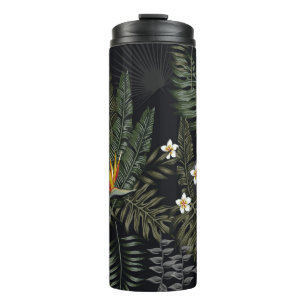 Tropische bladeren en bloemen in de nachtelijke st thermosbeker