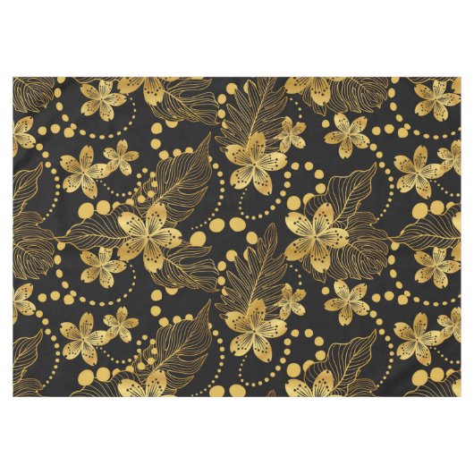tropische bladeren en bloemen in goud op zwart tafelkleed (Voorkant (Horizontaal))