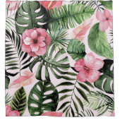 Tropische bladeren en bloemen in roze douchegordijn (Voorkant)