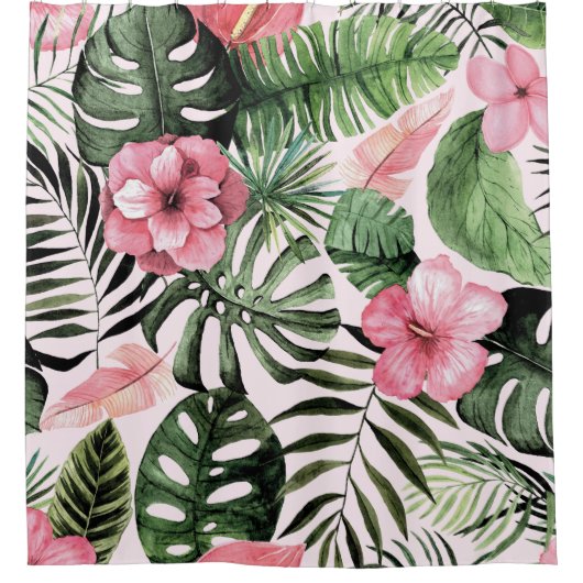 Tropische bladeren en bloemen in roze douchegordijn (Voorkant)