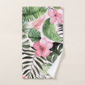 Tropische bladeren en bloemen op roze handdoek (Handdoek)