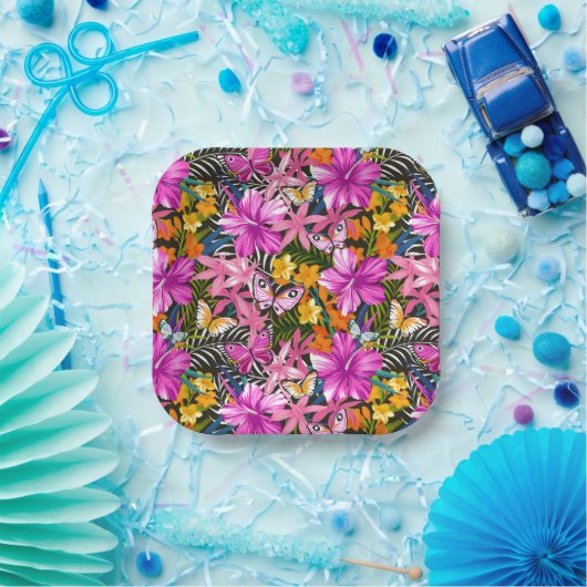 Tropische bladeren en bloemen papieren bordje (Feest)