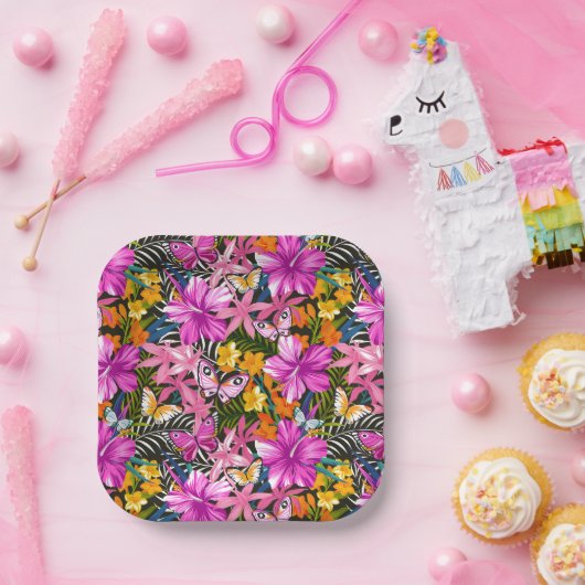 Tropische bladeren en bloemen papieren bordje (Feest)