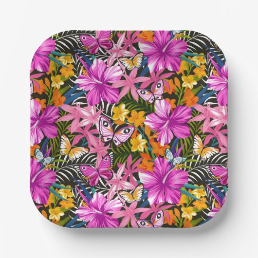 Tropische bladeren en bloemen papieren bordje (Voorkant)