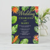Tropische bladeren en bloemen Retro bruiloft Kaart (Staand voorkant)