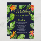 Tropische bladeren en bloemen Retro bruiloft Kaart (Voorkant / Achterkant)