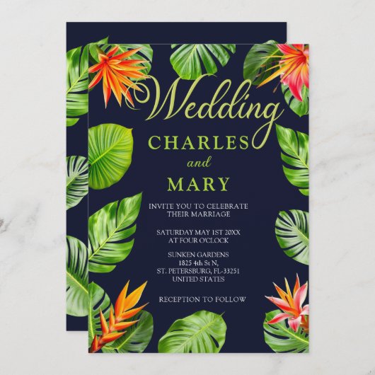 Tropische bladeren en bloemen Retro bruiloft Kaart (Voorkant / Achterkant)