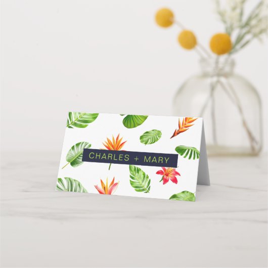 Tropische bladeren en bloemen Retro bruiloft Plaatskaartje (Achterkant)