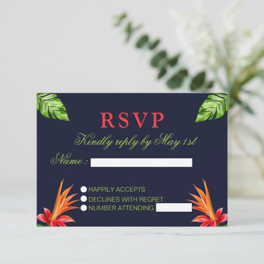 Tropische bladeren en bloemen Retro bruiloft RSVP Kaartje (Staand voorkant)