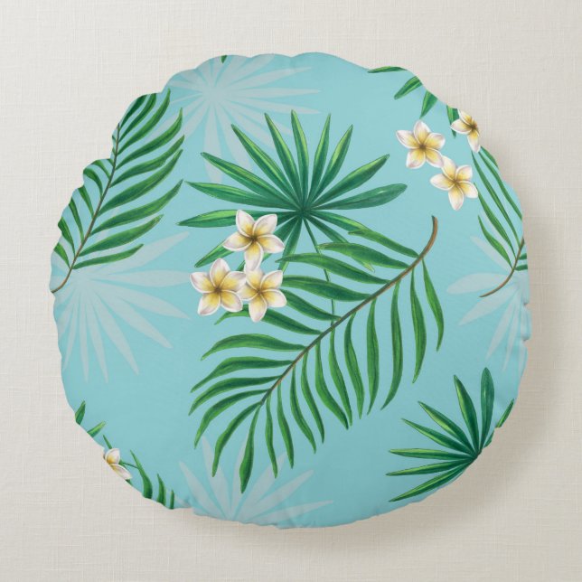 Tropische bladeren en bloemen rond kussen (Voorkant)