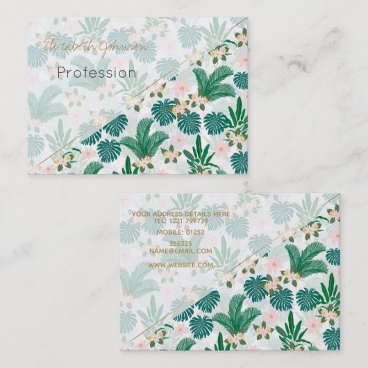 Tropische bladeren en bloemen wit patroon visitekaartje (Voorkant / Achterkant)