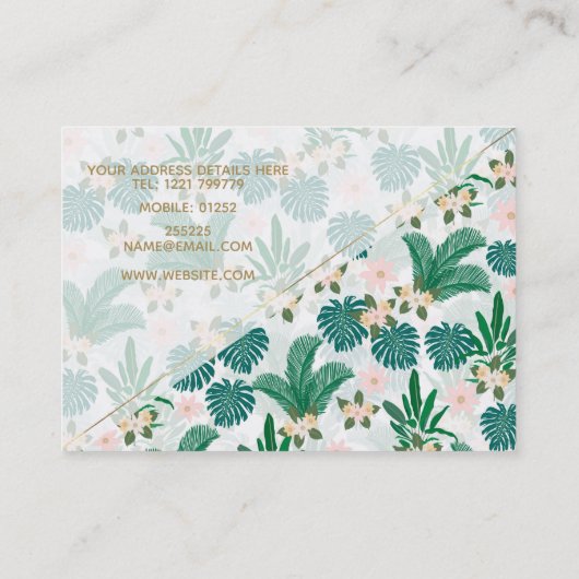 Tropische bladeren en bloemen wit patroon visitekaartje (Achterkant)