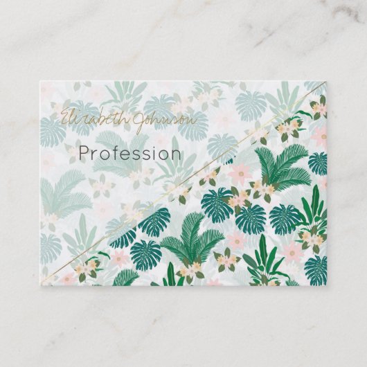 Tropische bladeren en bloemen wit patroon visitekaartje (Voorkant)