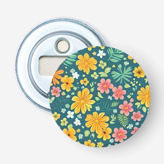 Tropische bladeren en bloesems button flesopener (Voorkant)
