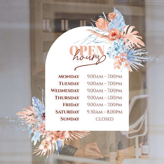 Tropische bladeren en boog open uren venster klamp raamsticker