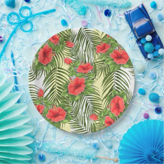 Tropische bladeren en Borden met hibiscus-rondepap Papieren Bordje (Feest)
