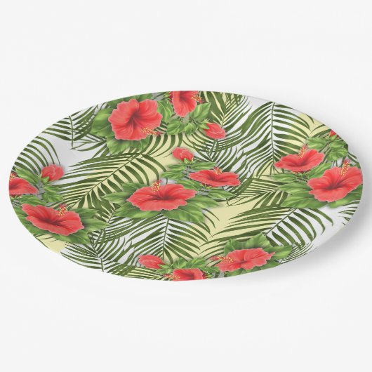Tropische bladeren en Borden met hibiscus-rondepap Papieren Bordje (Gekanteld)
