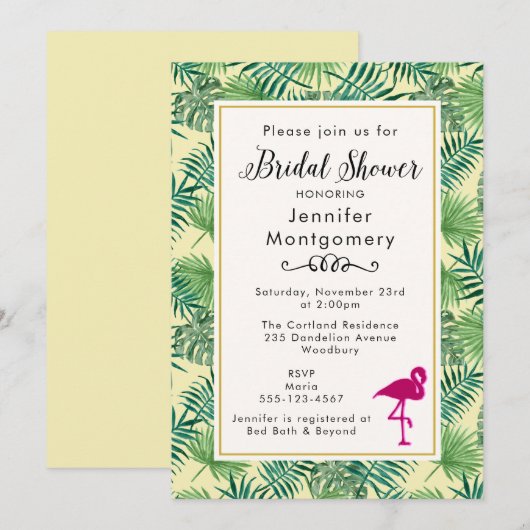 Tropische bladeren en een roze Vrijgezellenfeest v Kaart (Voorkant / Achterkant)