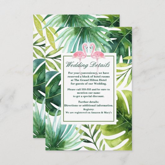 Tropische bladeren en flamingo's zomer bruiloft de informatiekaartje (Voorkant / Achterkant)